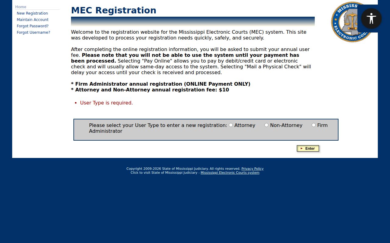 Mississippi PAMEC public account registration